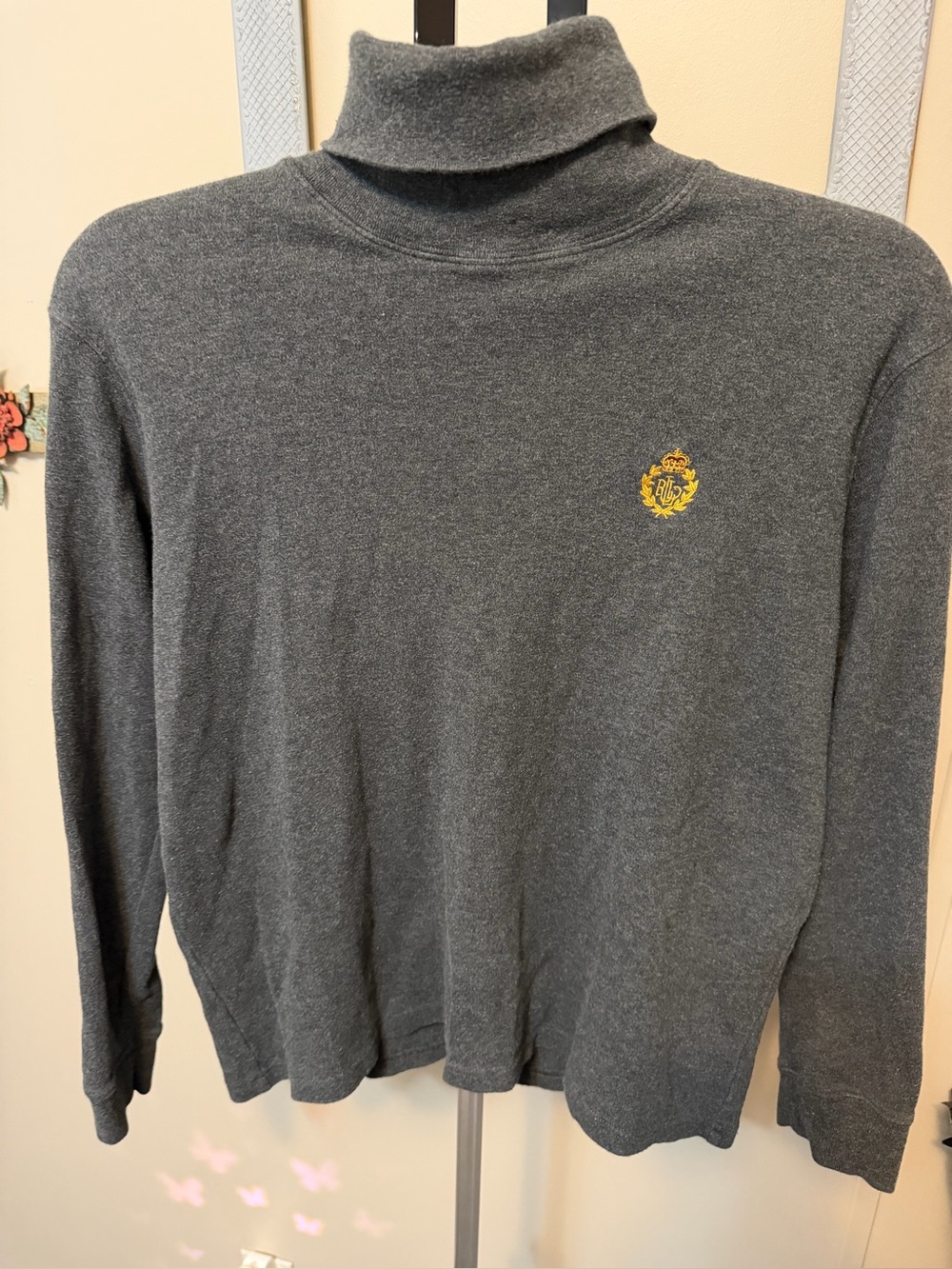 Lauren Ralph Lauren Grey Cotton Turtleneck Long Sleeve Top with Gold Crest - L